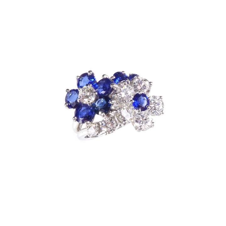 Sapphire and diamond double flowerhead cluster ring by Cartier